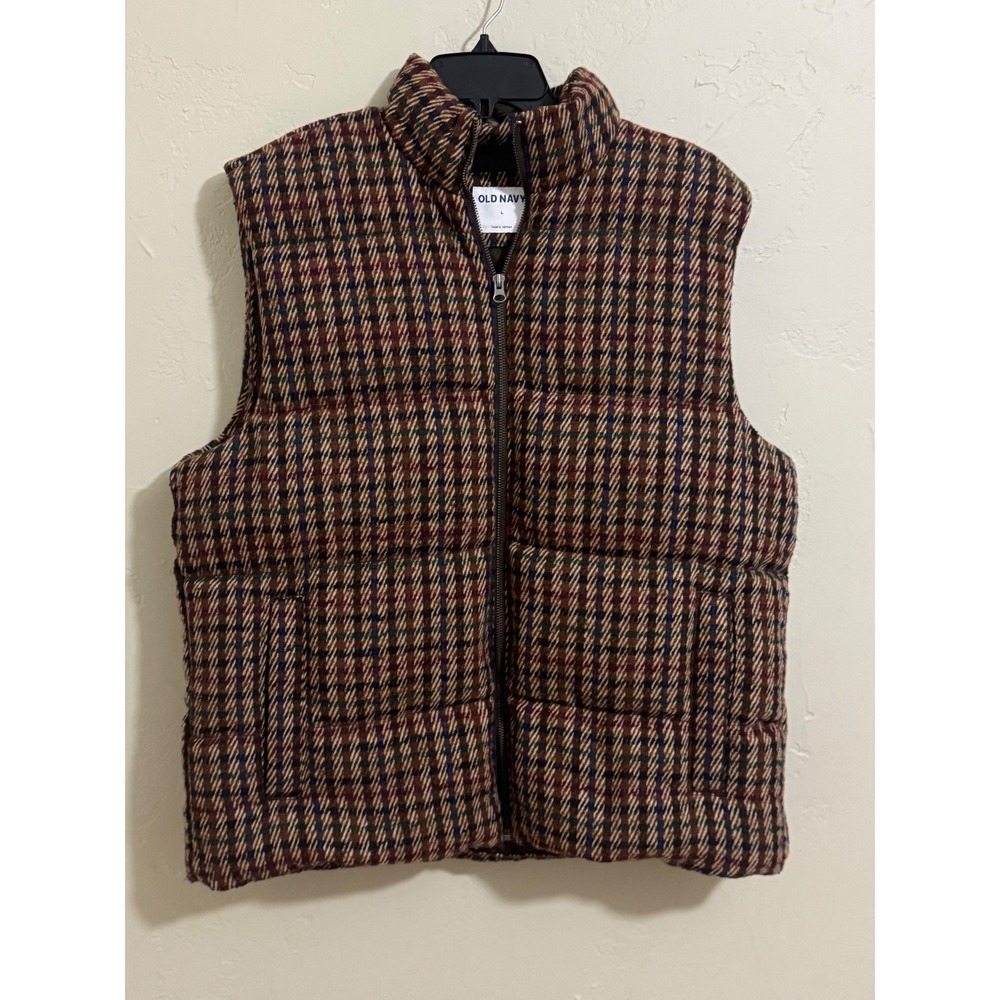 old navy vest L brown plaid tweed puffer full zip 2 pocket